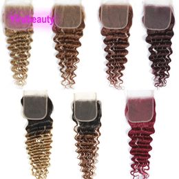 4X4 Lace Closure Free Part Peruvian 100% Human Hair Natural Color Deep Wave 1B/30 27# 99J 10-24inch