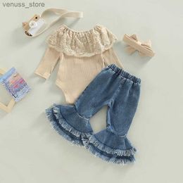 Clothing Sets 2022-10-28 Lioraitiin 0-24M Kids Girls 2Pcs Pants Suit Long Sleeve Round Neck Lace Romper Tops Denim Bell-Bottoms Headband