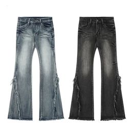 Korean retro washed raw edges design sense micro flared pants jeans Y2K low waist loose slim wide leg mop 231225