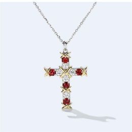 Brand Classic Ins Top Selling Luxury Jewellery 925 Sterling Silver Cross Pendant Ruby White CZ Diamond Party Women Link Chain Neckla226E