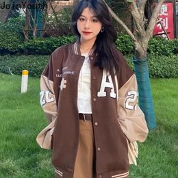 Vintage Brown Jackets Patchwork PU Leather Embroidery Jacket Fashion Oversized Baseball Coats Autumn Women Clothes Y2K Coat 231222