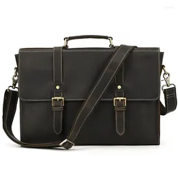 Briefcases Crazy Horse Real Leather Men Briefcase Office 15 Inch Laptop Bag Work Business Handbag Cow Male Shoulder Crossbody Bags