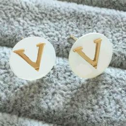 White Shell Top Quality Stainless Steel Luxurious Studs Gold Plated V Letter Women Designer Earrings Cute Trendy Jewelry226f