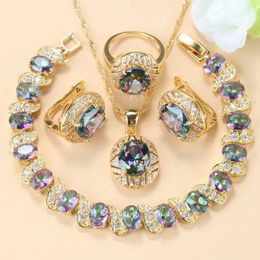 Back 2021 New Arrival Goldcolor Wedding Ring Jewelry Sets Rainbow Stone Charm Bracelet Necklace Sets African Women Accessories