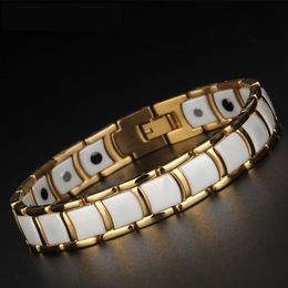 Men Black White Ceramic Health Bracelet Germanium Magnet Bracelet Bangle Gold-Color Stainless Steel Male Bracelet Jewelry2187
