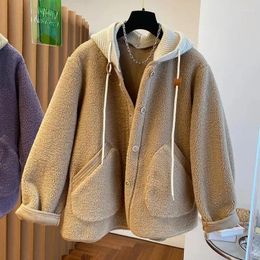 Women's Trench Coats Lamb Wool Hoodie Winter Jacket Women Loose Thick Warm Fashion Solid Color Short Lady Streetwear Coat