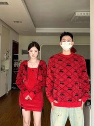 Men's Sweaters 2339#Couples Matching Outfits Red And Black Pure Wind Small Cherry Female Two-piece Imitation Mink Hair Sweater For Men