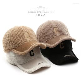 Ball Caps Fashion Female Winter Lamb Wool Hat Letters C Embroidered Peaked Cap Outdoor Sports Male Ear Protection Baseball