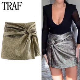 Traf 2024 Knot Mini Skirt Shorts Woman Gold Womens Skort Pleated High Waist Short Skirts for Women Chic and Elegant 231222