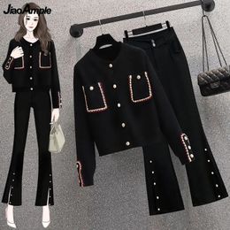 women's spring autumn sweater cardigan flare pants two piece set korean lady slim black knit jacket trousers outfits 231225