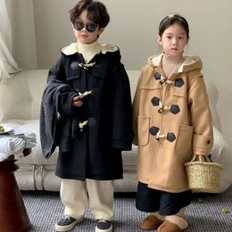 Korean Winter Jacket Kids Outerwear Boys Girls Woolen Coat Hooded Parka Thickening Cowhorn Buckle Coat 2-11Y Children's Clothing 231225