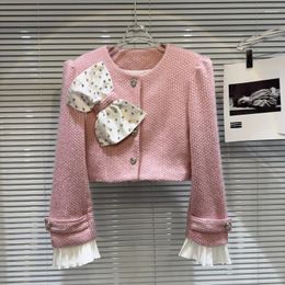 Women's Jackets PREPOMP 2023 Winter Collection Rhinestone Embroidered Beadings Bow Tweed Cotton Liner Pink Short Jacket Women GP056