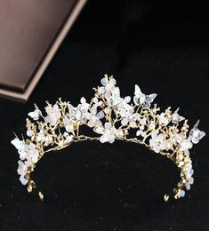 Baroque Vintage Gold Butterfly Crown Flowers Wedding Prom Tiara Headband Pearl Bridal Headpieces Bride Hair Accessories Hairband Y5287509