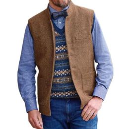 Jackets Men's Suit Vest Brown Stand Collar Wedding Herringbone Wool Tweed Male Gentleman Business Waistcoat for Groom Costumes 2022