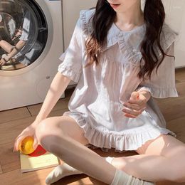 Women's Sleepwear Korean Princess Pyjama Mujer Solid Colour Lace Gauze Cotton Set Short Sleeve Top Shorts Homewear Skin-Friendly Breathab