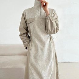 Casual Dresses Temperament Stand Collar Female Drawstring Waist Slim Puff Sleeve Sweater Dress 2023 Spring Long Robe Woman