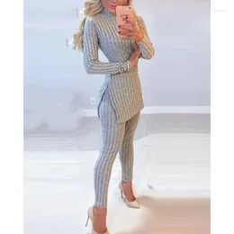 Women's Two Piece Pants Fashion 2 Sets Womens Outfits Streetwear Autumn 2023 Versatile Casual Long Sleeves Split Top Solid Suits For Female