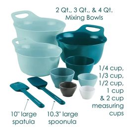 Tools Rachael Ray Mix and Measure, Melamine, Mixing Bowl Measuring Cup, and Nylon, Utensil Set, 10 Piece, Light Blue and Teal