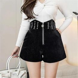 Women's Shorts Winter Velvet Women Shiny Rhinestone Irregular High Waist Front Zipper Short Trouser Black Plus Size