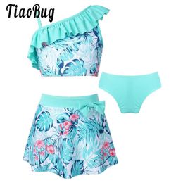 set Summer Kids Girls Tankini Swimming Suit 3 Pieces Floral Print Crop Tops Skirt and Bikini Briefs Set Beach Swimwear Bathing Suit