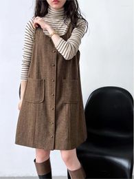 Casual Dresses 80% Wool A Line Women's Tank Top Dress 2023 Autumn Korean Vintage Jacket Single Breasted Sleeveless High Waist