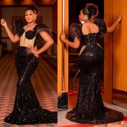 Plus Size Aso Ebi Prom Dresses for Special Occasions Mermaid Illusion Sequined Lace Beading Evening Formal Dresses for African Black Women Birthday Party Gown ST705