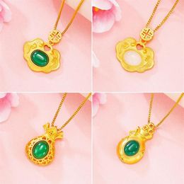 Pendant Necklaces For Women Imitation Jade 24K Gold Plated Lock Money Bag Party Inniversary Jewelry240z