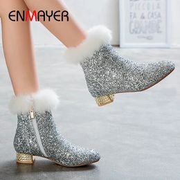 ENMAYERENMAYER Square Heel Solid Bling Sequined Ankle Boots for Women Round Toe Platform Catwalk Shoes Silver women boots 231225