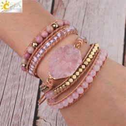 CSJA Natural Stone Bracelet Pink Quartz Leather Wrap Bracelets for Women Rose Gems Crystal Beads Bohemia Jewellery 5 Strand S308 2202868