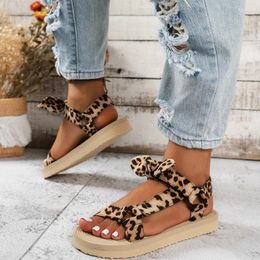 Sandals Shoes For Women 2023 One Kick Women's Summer Rome Bow Tie Leopard Print Casual Beach Flat Large Size