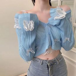 Women's Knits Sexy V-Neck Butterfly Cropped Cardigan For Woman Korean Button Knitted Crop Tops Women Summer Cute Long Sleeve Sweater Jacket
