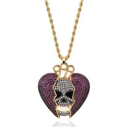 14K Iced Out Skull Skeleton Purple Heart Juice Wrld Pendant Necklace Micro Pave Cubic Zircon Hiphop Fashion Jewelry250z