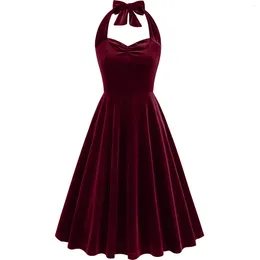 Casual Dresses Vintage Hepburn Style Party Dress For Women Retro Velvet Sleeveless Bow Neck Hanging Waist Evening Swing Robe Mujer