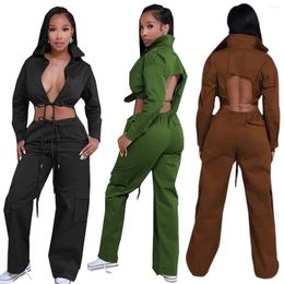 Women's Two Piece Pants Casual Backless Set Women Turn Down Collar Full Sleeve Lace Up FShirts Crop Top And Pocket Cargo Streetwear Suit