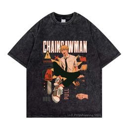 Anime Chainsaw Man T Shirts Power Washed Retro Short Sleeve Shirt Pochita Denji T-shirts Oversize T-shirt Men Clothing