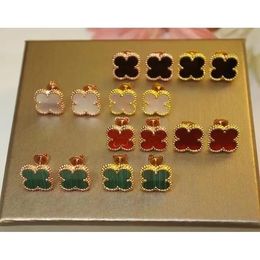 Stud High quality silver plated 18k real gold fourleaf clover earrings white fritillary earrings carnelian black agate ear buckle