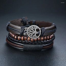Charm Bracelets 4/pcs Leather Bracelet For Men Multi-layered Hand-woven Vintage Peace Tree Cowhide Retro Accessories