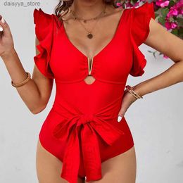 Swim wear 2023 New Sexy V-Neck Lace Print One Piece Swimsuit Ruffle Padded Swimwear Women Bandage Bathing Suit Beachwear Bodysuit MonokiniL23118