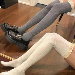 Women Socks Academic Style Sexy Vintage Lace Long Knee Premium Feel Light Luxury Warm Black White Grey Over Thigh High Stockings