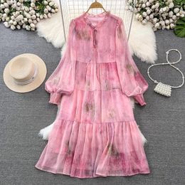 Casual Dresses Elegant Chiffon Women Arrival O-neck Floral Print Long Lantern Sleeve Skinny Dress Autumn Female Vestidos Dropship