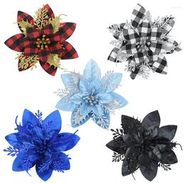 Decorative Flowers 5pcs Christmas Flower Glitter Artificial Poinsettia Red And Black Plaid Xmas Tree Ornaments Wedding Party Home Decoration