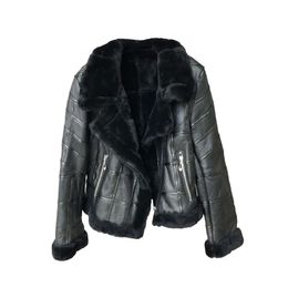 Jackets Winter Women Leather Jacket Thick Warm Real Lambs Wool Fur Collar Coat Motorcycle Zipper Outerwear Patchwork Bomber Jacket Short