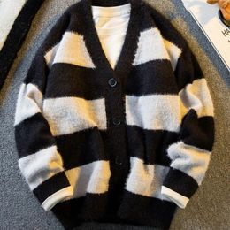 Men's Sweaters Winter Black White Striped Contrast V-neck Sweater Loose Casual High Street Knitted Cardigan Jackets Men Tops Male Clothes