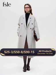 FSLE 2.6% Cashmere 92.8% Wool Women Drop Sleeve Casual Black Woolen Jackets Belt Design Female Mid-Length Pink Wool Coats 231225