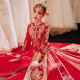 Ethnic Clothing Exquisite Phoenix Sequins Beaded Embroidery Wedding Dress Elegant Marriage Toast Evening Gown Cheongsam
