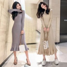 Knitted sweater dress women autumn winter high elastic Large Swing long Dress female Slim Wear Woollen Pleated dress 231225