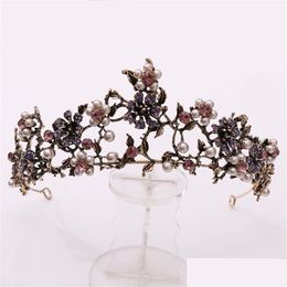 Wedding Hair Jewelry Baroque Vintage Black Purple Crystal Pearls Bridal Tiaras Crown Pageant Diadem Veil Tiara Accessories 210701207 Dh26H