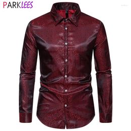 Men's Casual Shirts Wine Red Jacquard Silk Satin Mens Dress Brand Long Sleeve 70's Party Prom Shirt Men Club Social Stylish Male