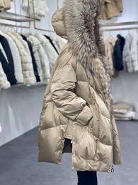 OFTUBY 2023 Fashion Winter Jacket Women White Goose Down Real Natural Fur Collar Hooded Coat Thick Warm Loose Streetwear 231225