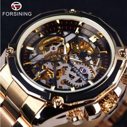 Forsining Steampunk Gear Design Transparent Case Automatic Watch Gold Stainless Steel Skeleton Luxury Men Watch Top Brand Luxury W2911